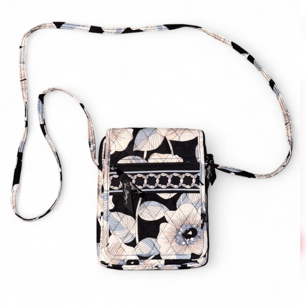 Vera Bradley Black Floral Quilted Crossbody with Cream & Light Blue Accents